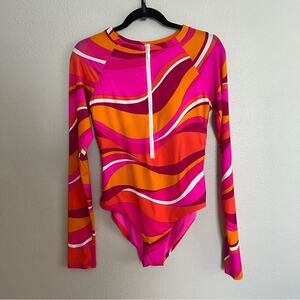 New Trina Turk Bright Pink Orange Wave Stripe Print One Piece Swimsuit sz M